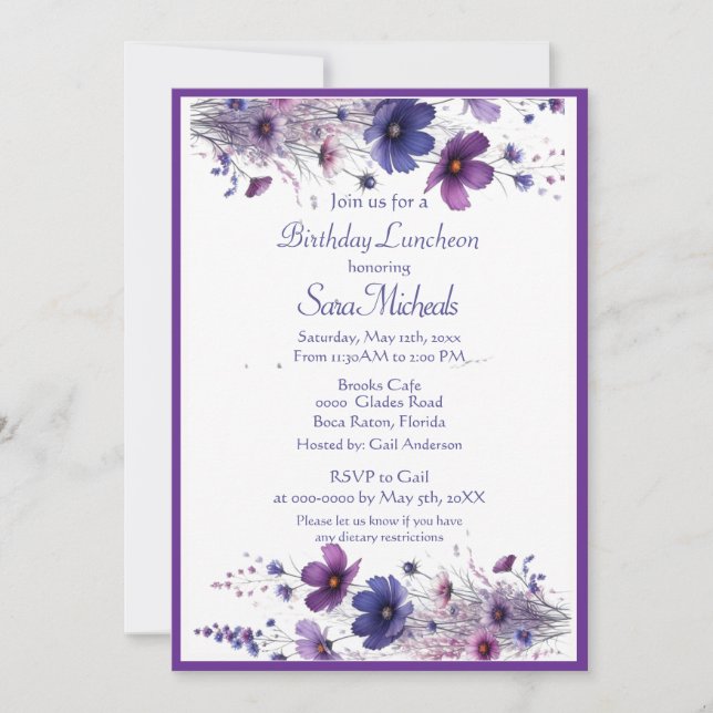 Invitación Almuerzo de cumpleaños Flores de acuarela púrpura  (Anverso)