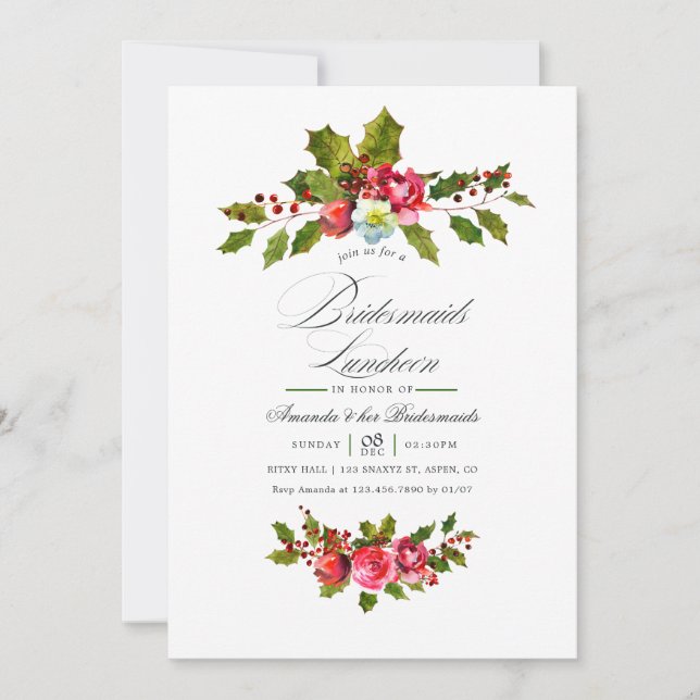 Invitación Almuerzo de Damas de Honor de Navidad con Acebo y  (Anverso)