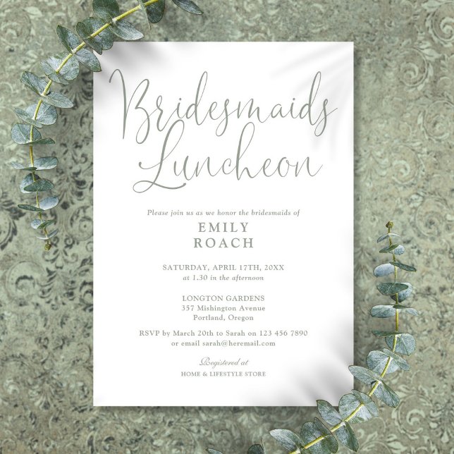 Invitación Almuerzo de Damas de Honor en Verde Salvia con Let (Sage Green Elegant Script Bridesmaids Luncheon Invitation)