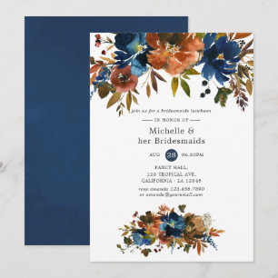Invitación Almuerzo de Damas de Honor Floral Jengibre y Azul 