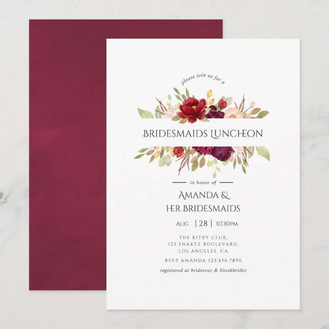 Invitación Almuerzo de Damas de Honor Floral Marsala y Rubor (Anverso / Reverso)