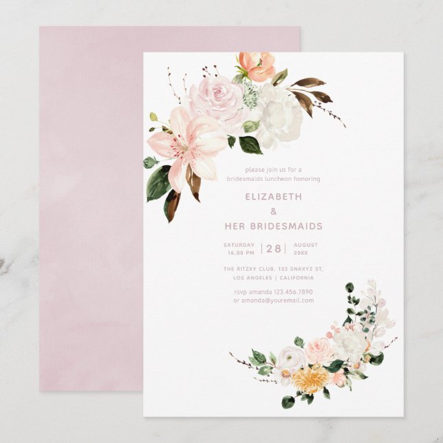 Invitación Almuerzo de Damas de Honor Floral Pastel (Anverso / Reverso)