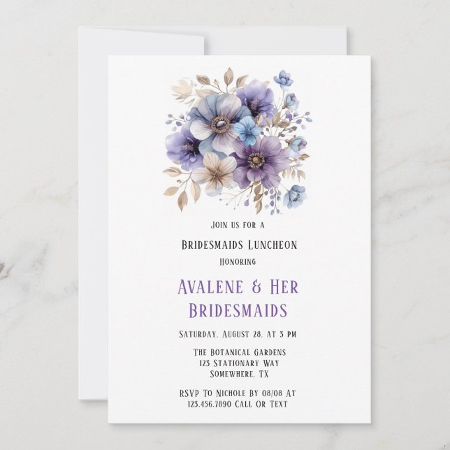 Invitación Almuerzo de Damas de Honor Floral Pintado de Azul  (Anverso)
