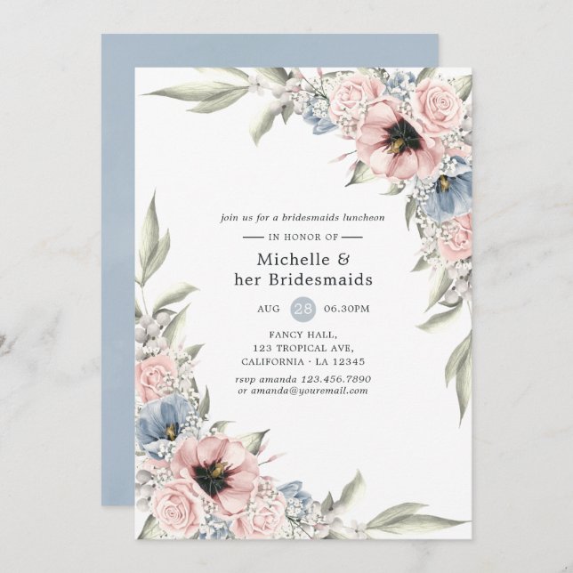 Invitación Almuerzo de Damas de Honor Floral Rosa Cuarzo y Se (Anverso / Reverso)