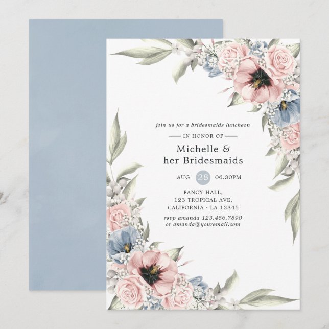 Invitación Almuerzo de Damas de Honor Floral Rose Quartz & Se (Anverso / Reverso)