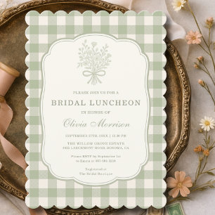 Invitación Almuerzo de Desposada Gingham Verde Salvia Lazo Fl