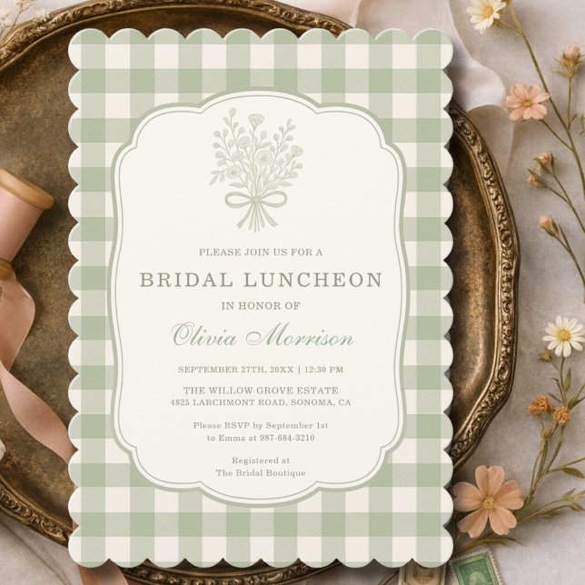 Invitación Almuerzo de Desposada Gingham Verde Salvia Lazo Fl (Subido por el creador)