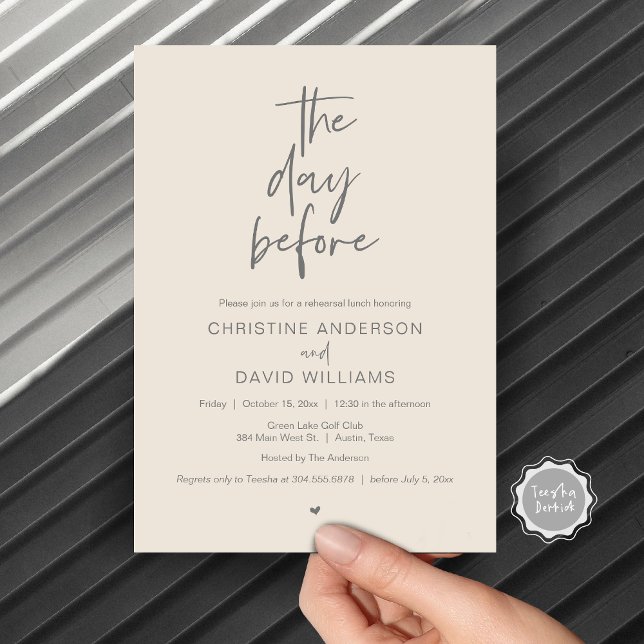 Invitación Almuerzo de ensayo moderno, el día antes (The day before, Wedding Rehearsal Lunch Invitation Card, Modern Minimalist Script, Grey Cream)