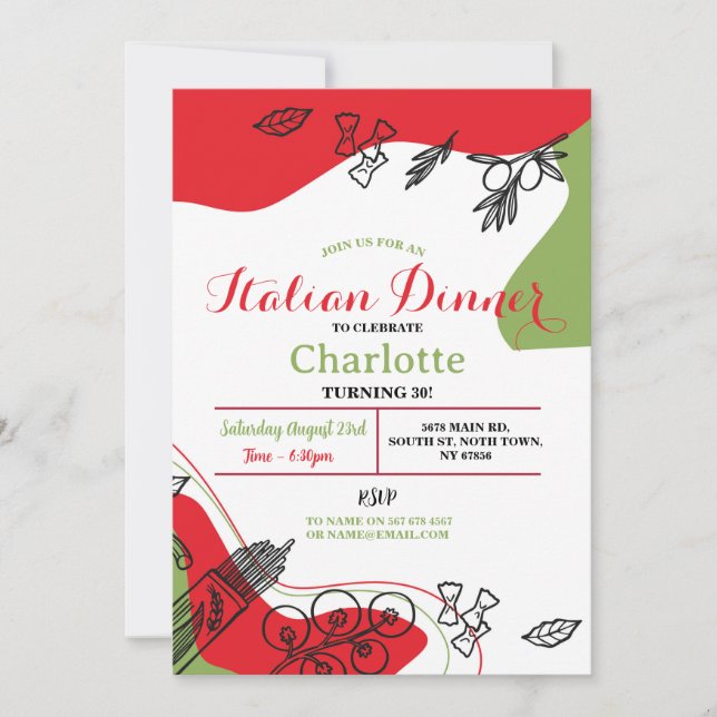 Invitación Almuerzo de fiesta de cumpleaños de cena italiana  (Anverso)