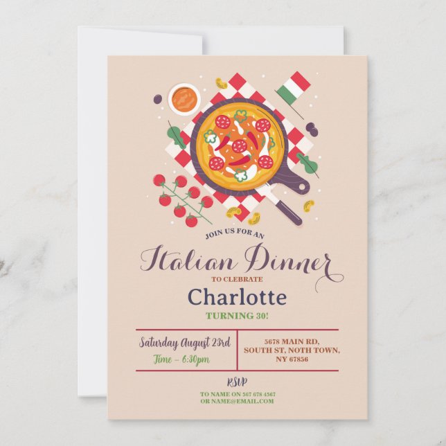 Invitación Almuerzo de fiesta de cumpleaños de cena italiana  (Anverso)