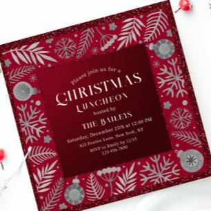 Invitación Almuerzo de Navidad Burdeos Brillo Copos de Nieve