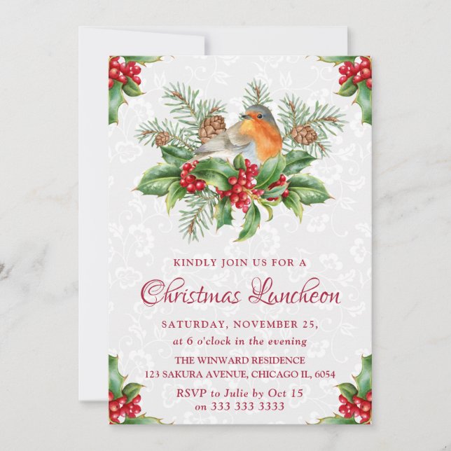 Invitación Almuerzo de Navidad Robin & Holly y Winter Berry (Anverso)