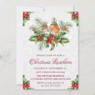 Invitación Almuerzo de Navidad Robin & Holly y Winter Berry