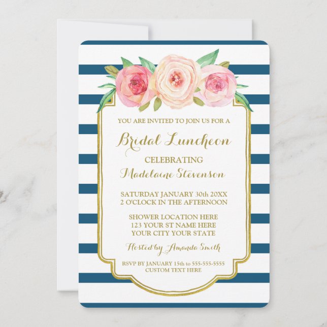 Invitación Almuerzo de novia floral rosada en franjas de la m (Reverso)