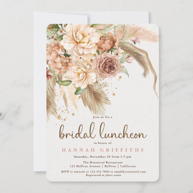 Invitación Almuerzo de novias de rosas de boho de pampas (Anverso)