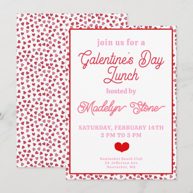 Invitación Almuerzo del Día de Galentine con Corazones Rojos  (Anverso / Reverso)