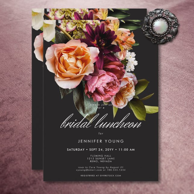 Invitación Almuerzo elegante Moody Burgundy & Pink Floral Bri (Elegant Moody Burgundy & Pink Floral Bridal Lunch Invitation)
