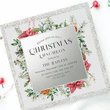 Invitación Almuerzo Navideño Floral Invernal Plata