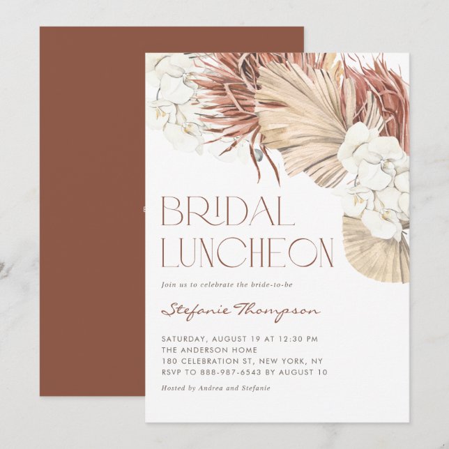 Invitación Almuerzo Nupcial con Orquídeas Boho y Hojas de Pal (Anverso / Reverso)