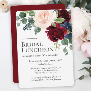 Invitación Almuerzo Nupcial con Toques Florales de Borgoña y