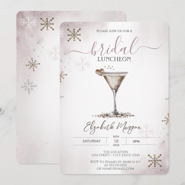 Invitación Almuerzo Nupcial Copos de Nieve Corazón Martini (Anverso / Reverso)