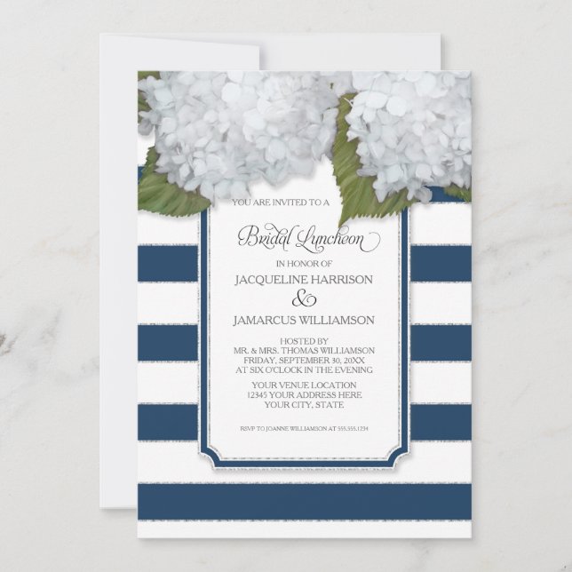 Invitación Almuerzo Nupcial de Hortensias Blancas con Raya Az (Anverso)