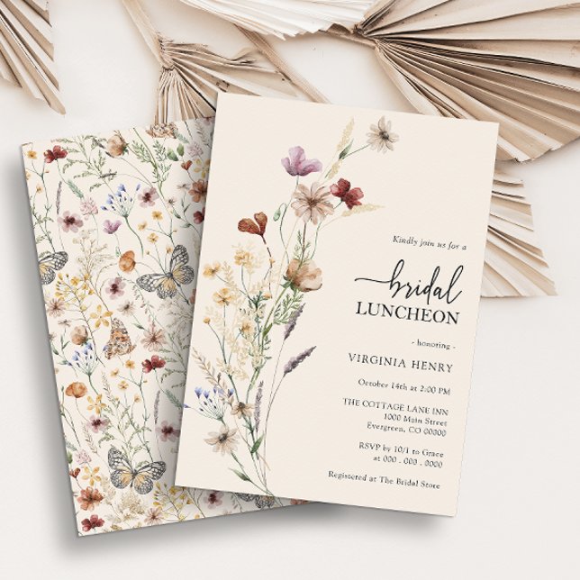 Invitación Almuerzo Nupcial Floral Boho (Rustic Boho Wildflower Bridal Luncheon Invitations with Butterfly by Painted Paperie)