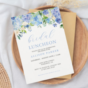 Invitación Almuerzo Nupcial Floral Hortensia Acuarela Azul