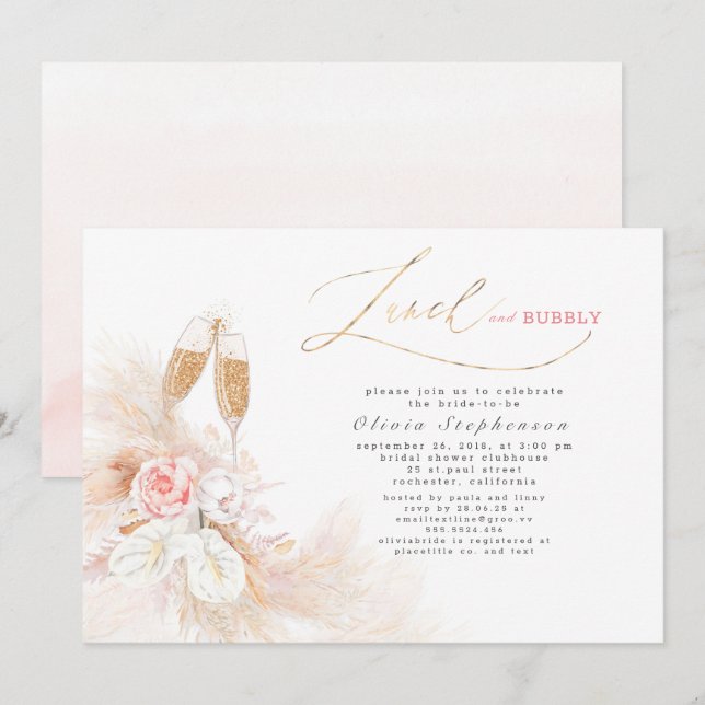 Invitación Almuerzo y Bubbly Bridal Shower Pampas Grass (Anverso / Reverso)