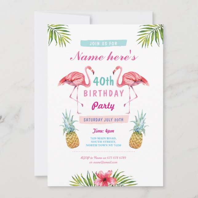 Invitación Aloha 40 Fiesta de cumpleaños invita a Flamingo Tr (Anverso)