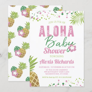 Invitación Aloha Baby Chica Rosado y Verde Tropical Baby Show