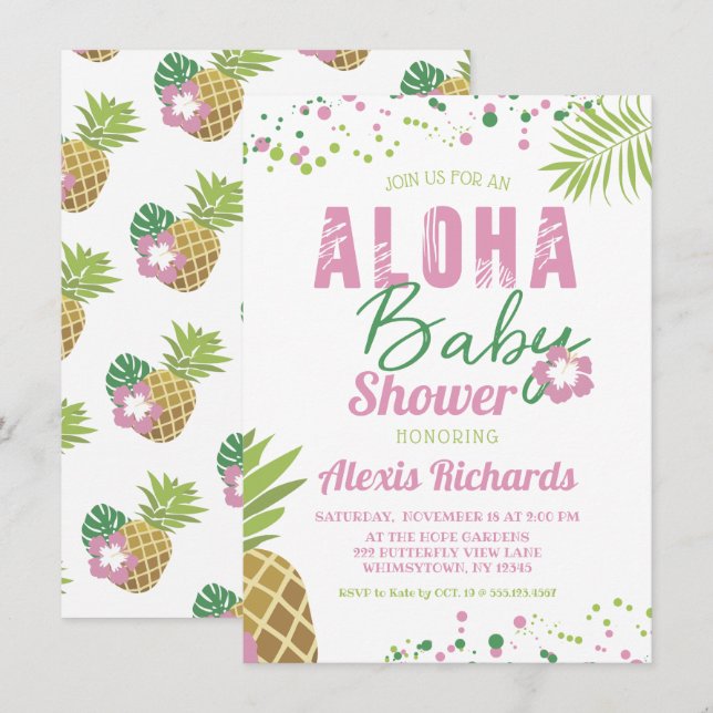 Invitación Aloha Baby Chica Rosado y Verde Tropical Baby Show (Anverso / Reverso)
