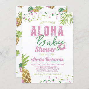 Invitación Aloha Baby Chica Rosado y Verde Tropical Baby Show