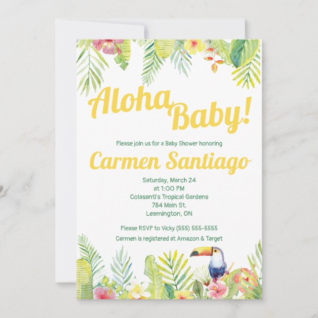 Invitación ¡Aloha Baby! Ducha de bebé con temática tropical y (Anverso)