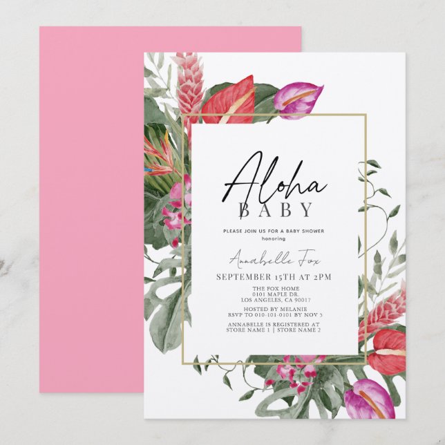 Invitación Aloha Baby Pink & Red Tropical Floral Baby Shower (Anverso / Reverso)