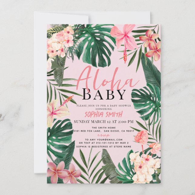 Invitación Aloha Baby Pink Tropical Chica Floral Baby Shower (Anverso)