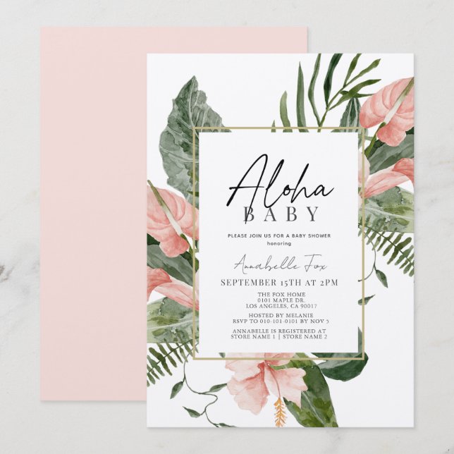 Invitación Aloha Baby Pink Tropical Floral Baby Shower (Anverso / Reverso)