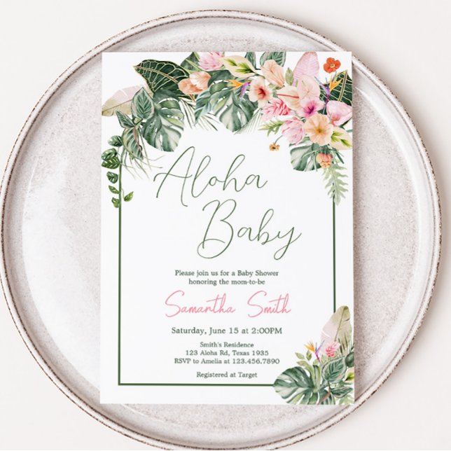 Invitación Aloha Baby Shower (Aloha Pink Hawaiian Baby Shower Invitation)