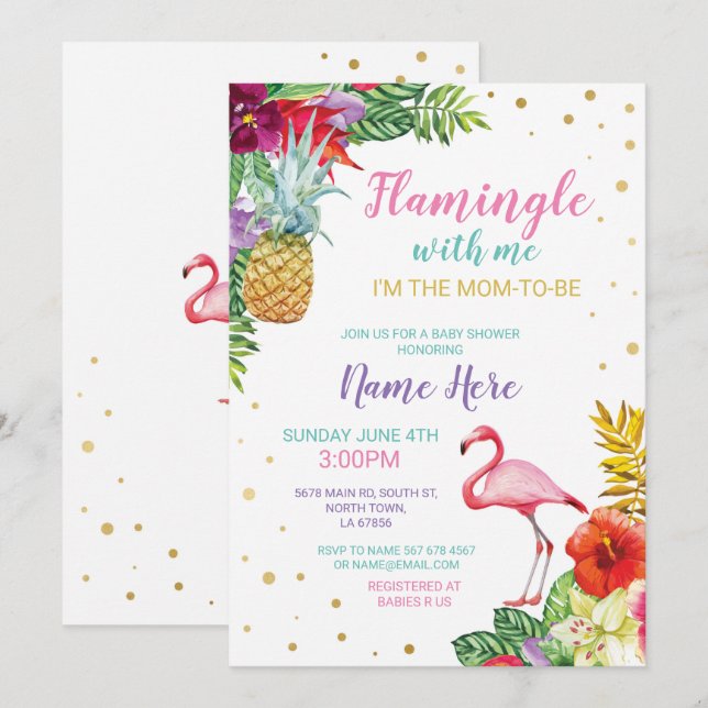 Invitación Aloha Baby Shower Flamingo Chica Boy Gold Invitaci (Anverso / Reverso)