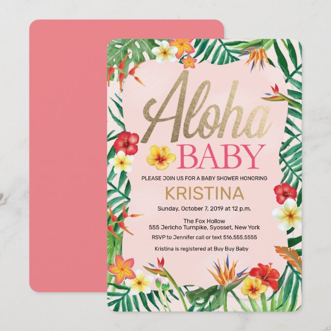 Invitación Aloha Baby Shower, Hawai, Tropical (Anverso / Reverso)