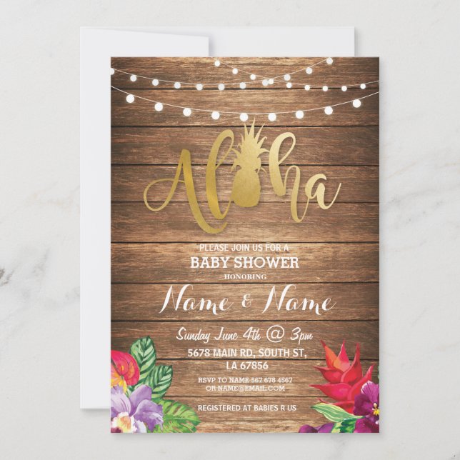 Invitación Aloha Baby Shower Pineapple Chica Boy Wood Invite (Anverso)