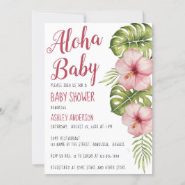Invitación Aloha Baby Shower Tropical Floral acuarela rosa