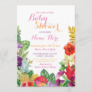 Invitación Aloha Baby Shower Tropical Luau Pink Invite
