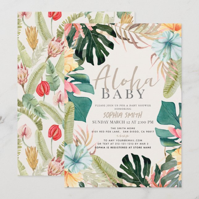 Invitación Aloha Baby Tropical Floral (Anverso / Reverso)