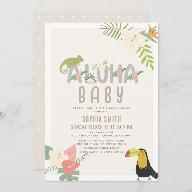 Invitación Aloha Baby Tropical Floral Toucan Baby Shower (Anverso / Reverso)