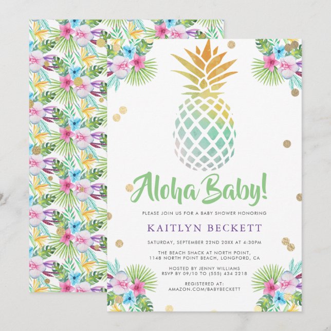Invitación ¡Aloha Baby! Watercolor Pineapple Baby Shower (Anverso / Reverso)