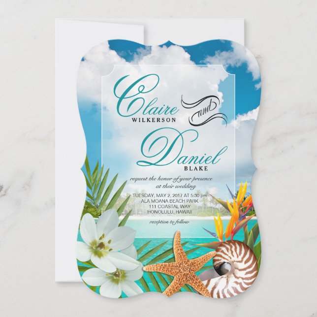 Invitación Aloha Beach Wedding Plumeria Frangipani Nautilus (Anverso)