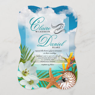 Invitación Aloha Beach Wedding Plumeria Frangipani Nautilus