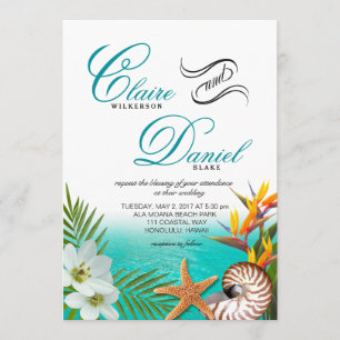 Invitación Aloha Beach Wedding Plumeria Frangipani Nautilus