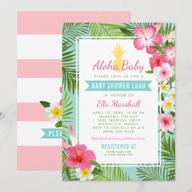 Invitación Aloha Bebé Piña Aqua Luau Fiesta de Niña (Anverso / Reverso)